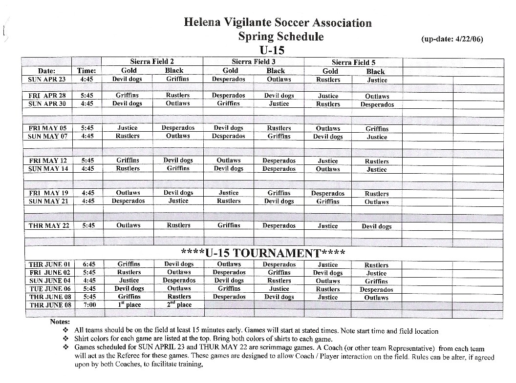 Vigilante Soccer Schedule 2006